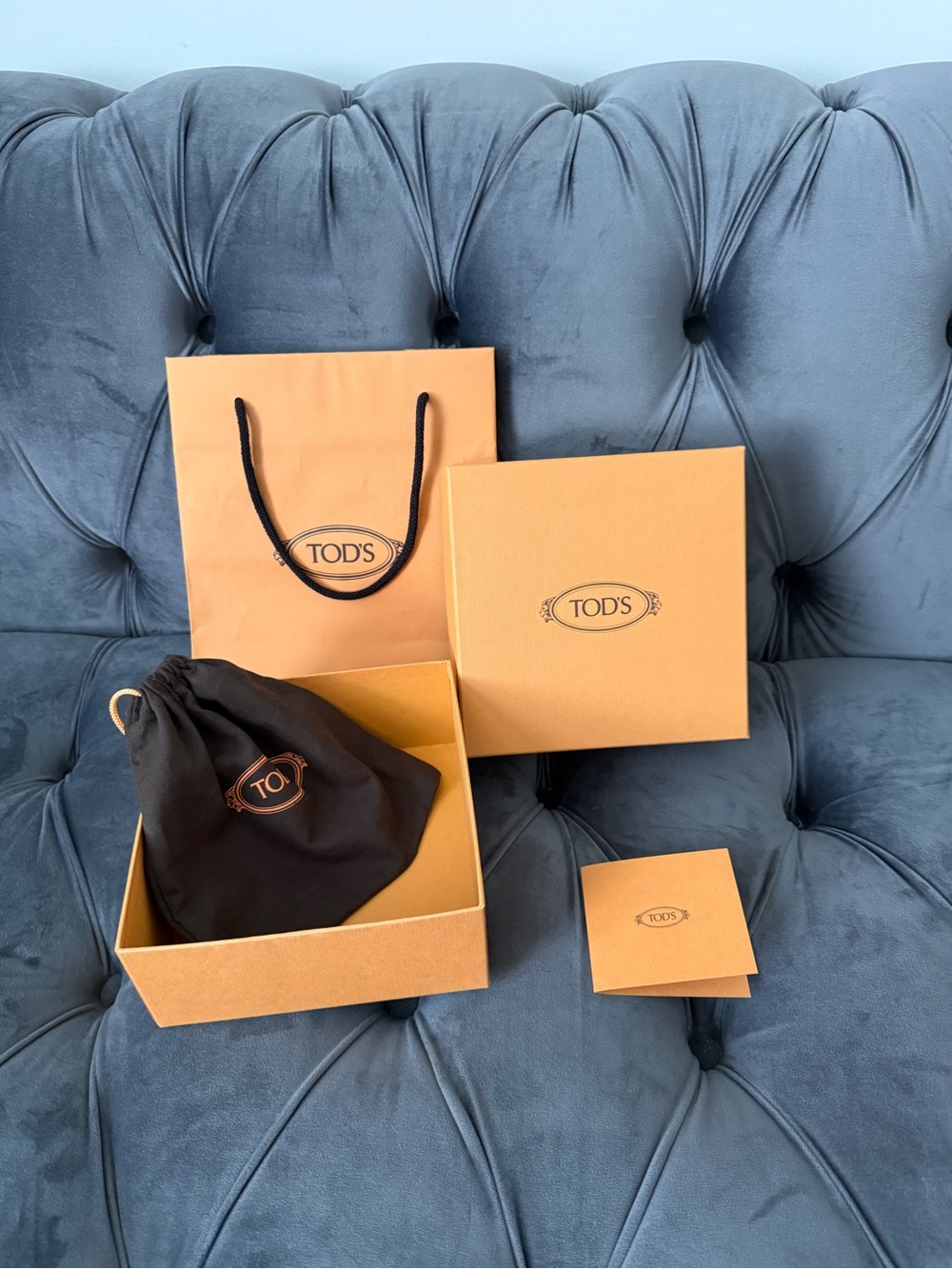 TOD'S Black Drawstring Dust Bag with Logo and Orange Box for belt
